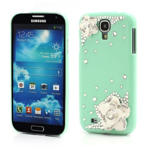 3D Camellia Bling Bling Rhinestone Hard Case Cover for Samsung Galaxy S4 IV i9500 i9502 i9505 - Green