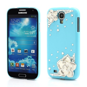 3D Camellia Bling Bling Rhinestone Hard Case Cover for Samsung Galaxy S4 IV i9500 i9502 i9505 - Baby Blue