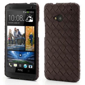 Woven Pattern Leather Skin Hard Plastic Case Accessories for HTC One M7 801e - Brown