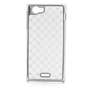 Electroplating Checkered Shiny Rhinestone Case for Sony Xperia J ST26i ST26a - White