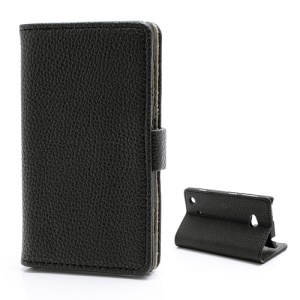 Lychee Grain Card Slot Wallet Leather Case w/ Stand for Nokia Lumia 720 - Black