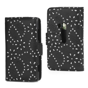 Glittery Powder Flower Leather Wallet Case Cover for Nokia Lumia 920 - Black