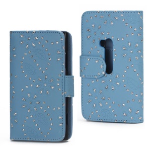 Glittery Powder Flower Leather Wallet Case Cover for Nokia Lumia 920 - Blue