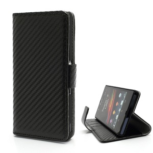Carbon Fiber Card Holder Leather Cover Stand for Sony Xperia Z C6603 L36h Yuga - Black