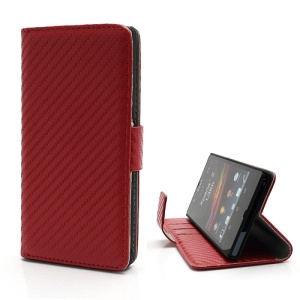 Carbon Fiber Card Holder Leather Case Stand for Sony Xperia Z C6603 L36h Yuga - Red