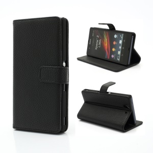 Litchi Leather Stand Case Cover Wallet for Sony Xperia Z C6603 C6602 L36h HSPA+ LTE - Black