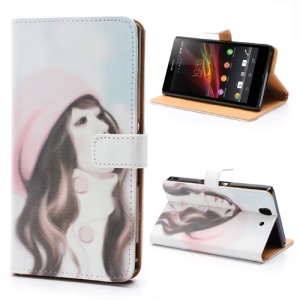 Pretty Girl Wearing Hat Stand Leather Wallet Case for Sony Xperia Z C6603 C6602 L36h HSPA+ LTE
