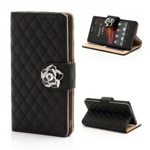 Diamond Flower Rhombus Leather Wallet Case Stand for Sony Xperia Z C6603 C6602 L36h HSPA+ LTE - Black