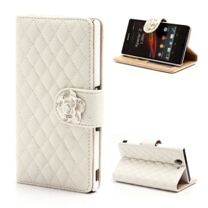 Diamond Flower Rhombus Leather Wallet Case Stand for Sony Xperia Z C6603 C6602 L36h HSPA+ LTE - White