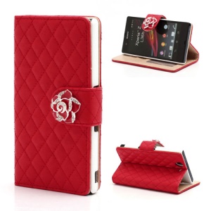 Diamond Flower Rhombus Leather Wallet Case Stand for Sony Xperia Z C6603 C6602 L36h HSPA+ LTE - Red