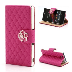Diamond Flower Rhombus Leather Wallet Case Stand for Sony Xperia Z C6603 C6602 L36h HSPA+ LTE - Rose