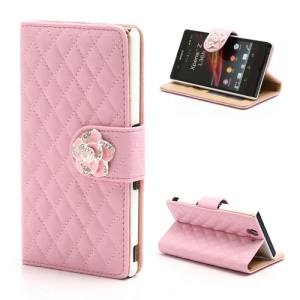 Diamond Flower Rhombus Leather Wallet Cover for Sony Xperia Z C6603 C6602 L36h HSPA+ LTE - Pink
