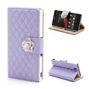 Diamond Flower Rhombus Wallet Leather Case for Sony Xperia Z C6603 C6602 L36h HSPA+ LTE - Purple