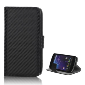 Carbon Fiber Card Holder Wallet Leather Case Stand for LG E960 Mako Google Nexus 4 - Black