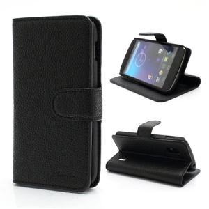 Litchi Grain Folio Leather Stand Case with Card Slots for LG E960 Mako Google Nexus 4 - Black