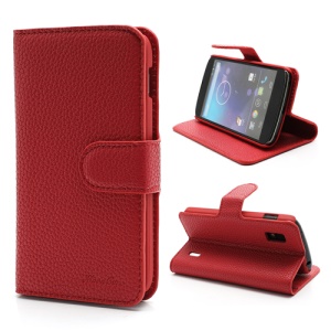 Litchi Grain Folio Leather Stand Case with Card Slots for LG E960 Mako Google Nexus 4 - Red