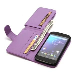 Multiple Card Slots Crazy Horse Leather Wallet Case Stand for LG E960 Google Nexus 4 Mako - Purple