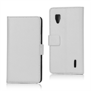 Magnetic Lychee Leather Wallet Style Folio Stand Protective Cover for LG Optimus G E973 - White