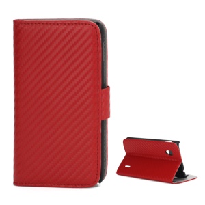 Carbon Fiber Leather Wallet Case Stand for LG Optimus G E973 - Red