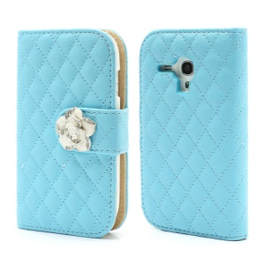 Diamond Flower Rhombus Leather Card Wallet Case for Samsung i8190 Galaxy S3 Mini - Blue