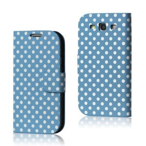 Polka Dot Leather Wallet Case for Samsung Galaxy S 3 / III I9300 I747 L710 T999 I535 R530 - Light Blue