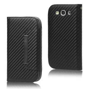 Carbon Fiber Leather Wallet for Samsung Galaxy S 3 / III I9300 I747 L710 T999 I535 R530 - Black