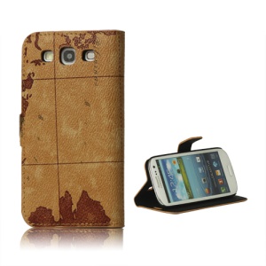 World Map Leather Stand Case for Samsung Galaxy S 3 / III I9300 I747 L710 T999 I535 R530 - Brown