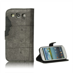 World Map Leather Stand Case for Samsung Galaxy S 3 / III I9300 I747 L710 T999 I535 R530 - Grey