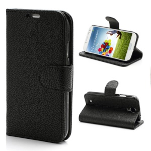Litchi Grain Wallet Style Folio Leather Stand Case for Samsung Galaxy S 4 IV i9500 i9505 - Black