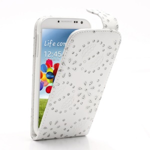 Glittery Powder Flower Vertical Leather Flip Case for Samsung Galaxy S 4 IV i9500 i9505 - White