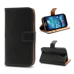 Genuine Split Leather Diary Case w/ Stand for Samsung Galaxy S IV S4 i9500 i9505 - Black