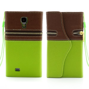Zipper TPU Holder Leather Wallet Case for Samsung Galaxy S4g IV i9500 I9502 i9505 - Brown / Green