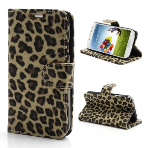 Folio Leopard Leather Wallet Case Stand for Samsung Galaxy S 4 IV i9500 i9505 - Beige