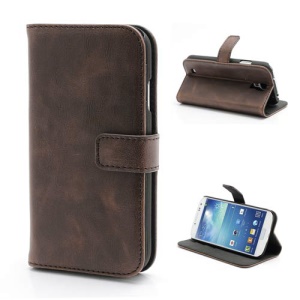 Premium Crazy Horse Leather Folio Wallet Case Stand for Samsung Galaxy S 4 IV i9500 i9502 i9505 - Coffee