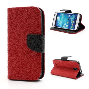 Pearl Grain Leather Flip Wallet Case Cover for Samsung Galaxy S4 i9500 i9502 i9505 - Black / Red