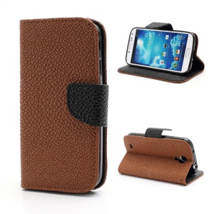 Pearl Grain Leather Flip Wallet Case Cover for Samsung Galaxy S4 i9500 i9502 i9505 - Black / Brown