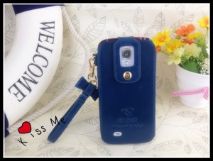 Klogi Leather Case Cover w/ Detachable Hand Strap for Samsung Galaxy S4 i9500 i9502 i9505 - Dark Blue