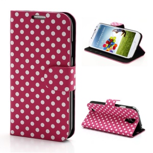 Polka Dots Stand Folio Leather Case w/ Card Slot for Samsung Galaxy S 4 IV i9500 i9505 - White Dots / Rose