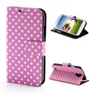 Polka Dots Stand Folio Leather Case w/ Card Slot for Samsung Galaxy S 4 IV i9500 i9505 - White Dots / Pink