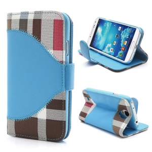 Colorized Check + Naked Leather Magnetic Case Stand for Samsung Galaxy S IV S4 i9500 i9502 i9505 - Blue