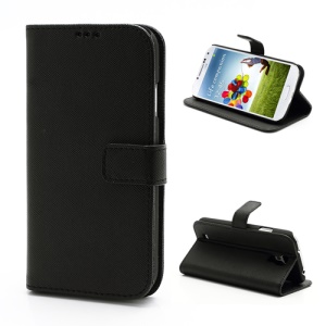 Cross Texture Folio Leather Case with Card Slots & Stand for Samsung Galaxy S 4 IV i9500 i9505 - Black