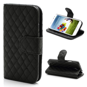 Grid Pattern Magnetic Wallet Card Leather Case Stand for Samsung Galaxy S 4 IV i9500 i9505 - Black