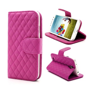 Grid Pattern Magnetic Wallet Card Leather Case Stand for Samsung Galaxy S 4 IV i9500 i9505 - Rose