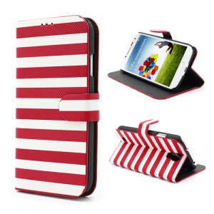 Two-tone Horizontal Stripe Leather Stand Case for Samsung Galaxy S4 S IV i9500 i9505 - White / Red