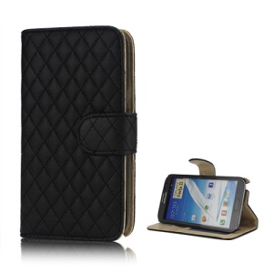 Rhombus Leather Wallet Magnetic Case Cover Stand for Samsung Galaxy Note 2 / II N7100 - Black