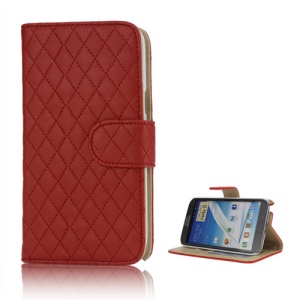Rhombus Leather Wallet Magnetic Case Cover Stand for Samsung Galaxy Note 2 / II N7100 - Red