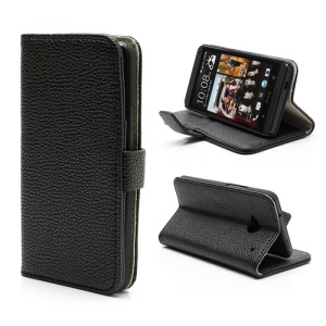Lychee Grain Soft Leather Wallet Case Cover Stand for HTC One M7 801e - Black