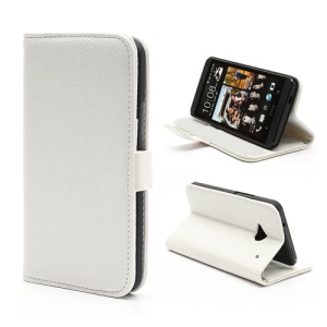Lychee Grain Soft Leather Wallet Case with Stand for HTC One M7 801e - White
