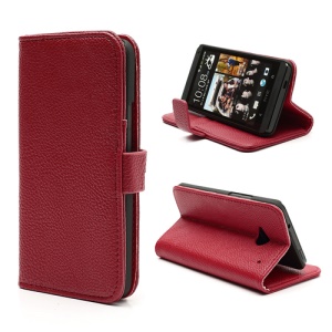 Lychee Grain Soft Leather Wallet Case with Stand for HTC One M7 801e - Red