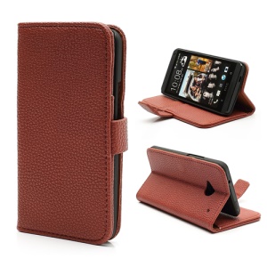 Lychee Grain Soft Leather Wallet Case with Stand for HTC One M7 801e - Brown